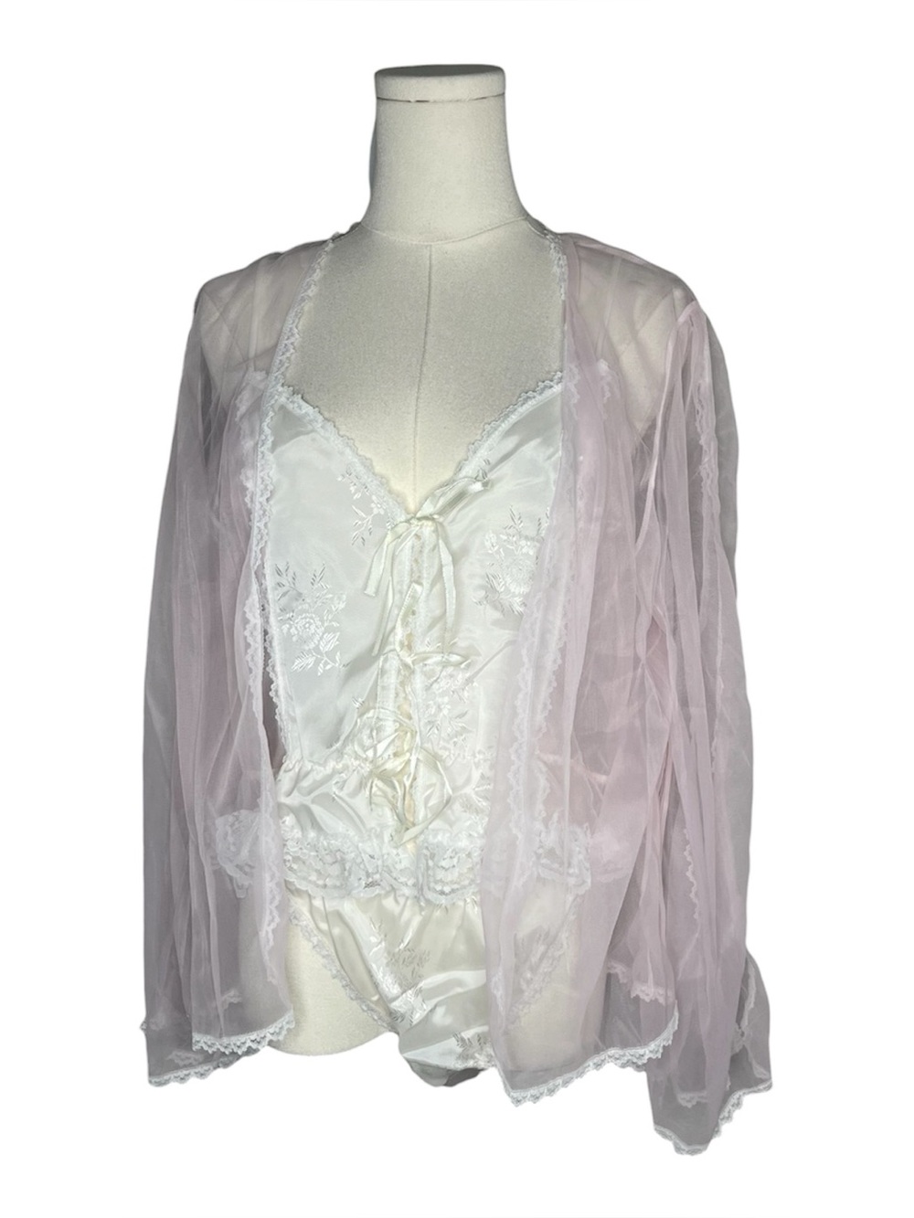 VTG Frederick’s of Hollywood Sheer Pink Lace Cami Bed Jacket Lingerie 3pc Set